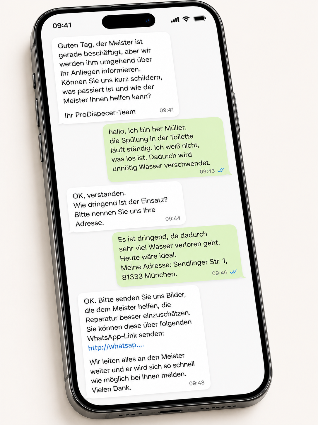 Primer SMS razgovora u kom ProDispečer preuzima komunikaciju kada majstor ne može da se javi.